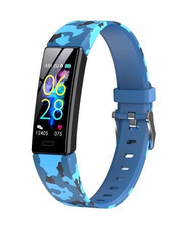 K-berho Kids Fitness Tracker, Fitness Watch Activity Tracker with Pedometers, Stopwatch, IP68 Waterproof, 11 Sport Modes for Kids Age 6-16 Years Old Camouflage Blue