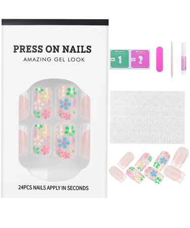24 Pcs Pink Flower French Acrylic Press on Nails for Women | Short/Medium Glue on Fake Nails with Glue - Buy Online on GoSupps.com