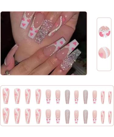 Luvadeyo 24pcs Coffin Long Press on Nails - Shiny Full Cover Pink Heart Acrylic Fake Nails for Women & Girls - Buy Online on GoSupps.com