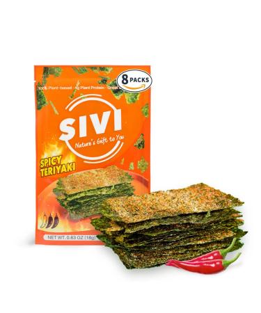 SIVI Teriyaki Seasoning Seaweed Snacks Vegan Plant Based High Protein & Gluten Free Seaweed Chips with Omega 3 Natural Iodine Source Healthy Snacks For Kids & Adults 0.63 oz Pack of 8 Spicy Teriyaki 8 Packs