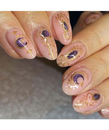 Short Oval Press on Nails Nude Pink Fake Nails with Glitter Gold Purple Moon Design Round Glue on Nails for Women Girls Acrylic False Nails Stick on Nails Press on Nail for Wedding 24Pcs