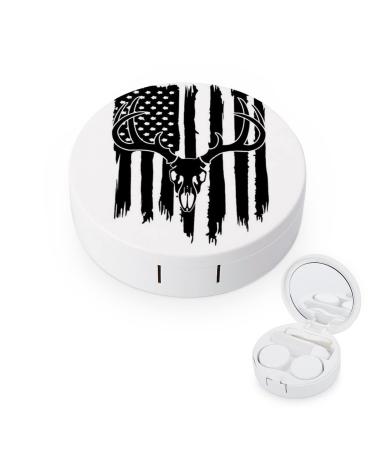 Hunting Reindeer Vintage USA Flag Round Case For Contact Lens Kit Storage Box with Mirror Printed