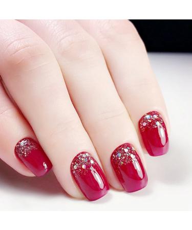 Jovono Artificial fingernails glittering sequins full cover acrylic red elegant wedding birthday party party clip-on-nails for women and girls (without adhesive)