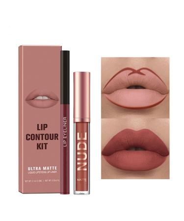 Lip Liner and Lipstick Set - Nude Lipstick - Non-Sticky Long Lasting Waterproof Lip Stain - Highly Pigment Lip Stick and Lipliner Pencil - Lip Makeup Kits for Daily Makeup and Holiday Gifts (05)