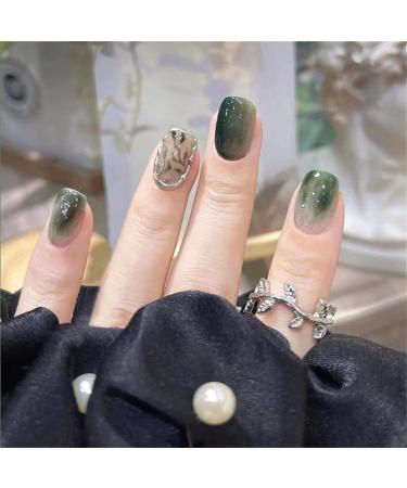 Press on Nails Short Fake Nails 24Pcs Shiny Green Halo Dyed Silver Edge False fingernail with Self-Adhesive Jelly Nail Glue Tabs Press On False Nails - Buy Online on GoSupps.com