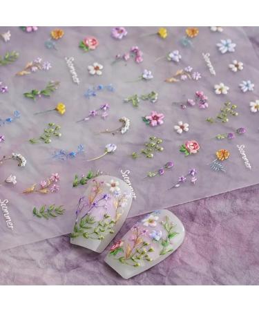 Flower Nail Stickers for Nail Art - Flower Nail Art Stickers Summer Floral Leaf Plant 5D Embossed Nail Decals Self-Adhesive Nail Art Supplies Manicure Sliders Flower Stickers for Nails Art Decoration fresh flower
