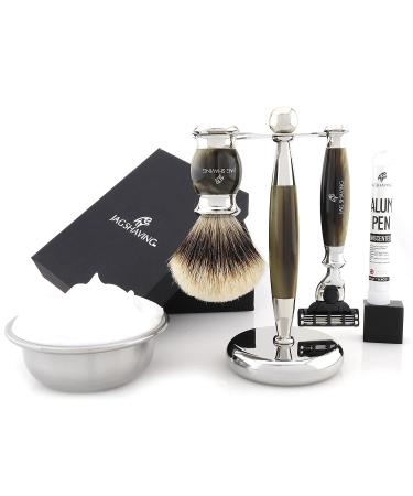 Jag Shaving Jag's Lee Razen Set 3-part razor set razor with 3 blades roof hair brush with silver tips elegant shaving stand green horn imitation 3-part set
