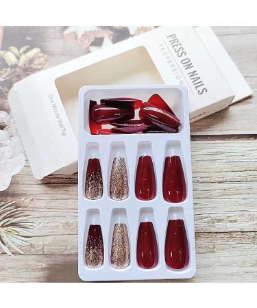 Summer Wine Red & Sparkle Gold Powder Press On Nails - 24Pcs Medium Coffin Square False Acrylic Nails for Women - Buy Online on GoSupps.com