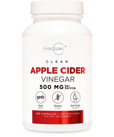 Type Zero Apple Cider Vinegar Capsules (180 Count) 500mg Per Serving - Non-GMO Gluten-Free Supplement