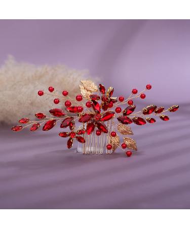 Teyglen Bridal Wedding Hair Combs Flower Red Rhinestones Crystal Side Hair Comb Gold Silver Leaf Crystal Bride Hair Accessories for Women Bride Girls (Red)
