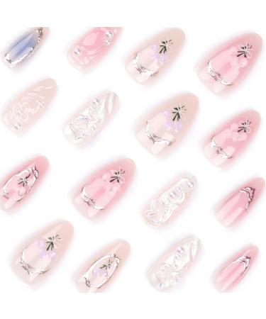 24 Pcs Short Almond Press on Nails with 3D Butterflies & Waves - Glue on Floral Acrylic Fake Nails for Women and Girls - Nude Stick On Nail Sets - Buy Online on GoSupps.com