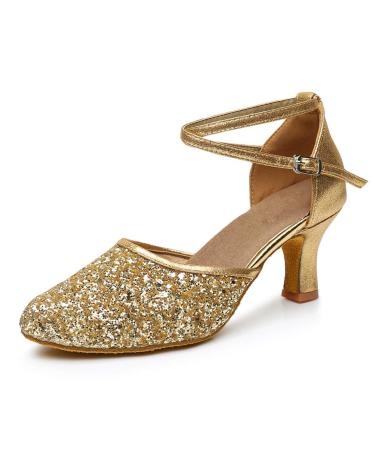 iCKER Womens Latin Dance Shoes Heeled Ballroom Salsa Tango Party Sequin Dance Shoes 7 Gold