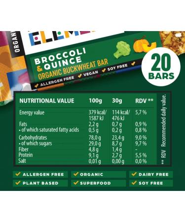 Organic Superfood Snack Bars - Gluten Free Buckwheat Fiber Bars (Broccoli Quince) - 20 Nutrient-Packed Individual Bars for Healthy Snacking - Buy Online on GoSupps.com