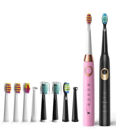 Electric Toothbrush 2 Pack , 10 Brush Heads, Travel Rechargeable Sonic Electric Toothbrush Last for 30 Days , 2 Minute Timer , Ultrasonic Electric Toothbrushes for Adults and Kids Black and Pink Dnsly