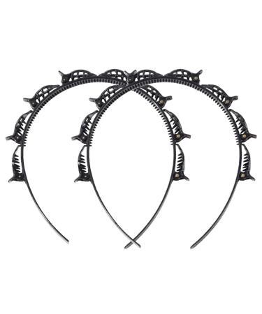 Headband with Clips 2 Double Bangs Hair Style Hair Clips Hairstyle Hairpin Headband Professional Braided Bangs Clip with Teeth Suitable for Women Girls Hair Accessories Black