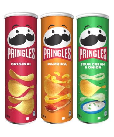 Original Flavour Sharing Crisps 185g with Paprika 185g & Sour Cream & Onion 185g - Bundle Consisting of Pringles Crisps x3 Packs