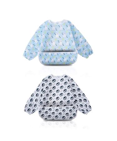 Little Dimsum Weaning Bibs Set with Sleeves Long Sleeved Waterproof Toddlers Feeding Bib Apron Food Protection Large Pocket Overalls 6-36 Months (PenguinBear)