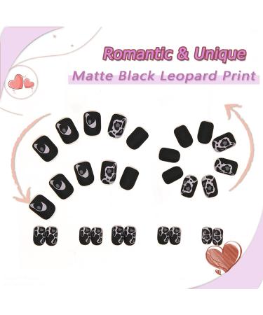Leopard Print Short Black Press on Nails - Square Nail Tips Set - Frosted Texture False Nails Kit for Women - 24pcs - Buy Online on GoSupps.com