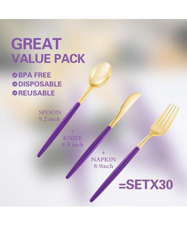 90 PCS Gold Plastic Silverware with Purple Handle - Heavyweight Disposable Flatware Set - Includes 30 Forks, 30 Spoons, 30 Knives - TL02 - Buy Online on GoSupps.com