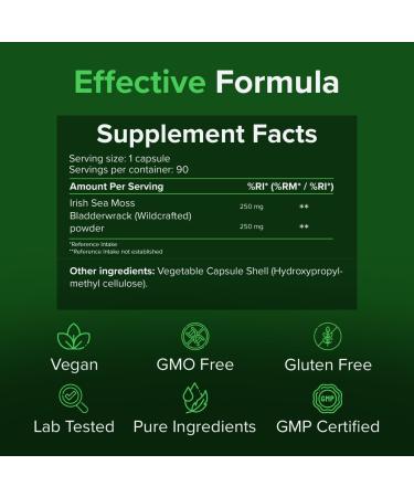 Sea Moss Capsules 500mg - Vegan Superfood with Irish Sea Moss & Bladderwrack - 100% Natural No Additives - 90 Capsules by Raw Powders - Buy Online on GoSupps.com