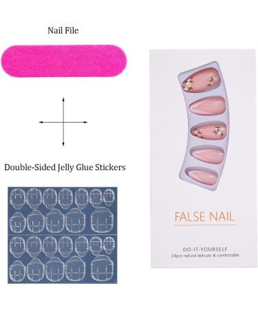 24-PCS French Tip Almond Press on Nails Medium Fake Nails Flower Pattern Design Coffin Press on Fake Nails Glossy False Nails Full Cover Acrylic Nails for Women & Girls - Buy Online on GoSupps.com