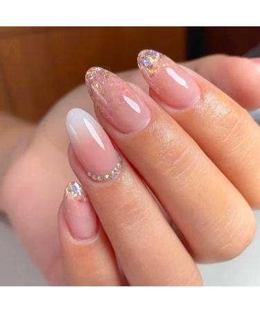 Almond Press on Nails Short 24Pcs Gradient Pink False Nails with Glitter Diamond Design Glossy Stick on Nails Shiny Artificial Oval Shape Fake Nails for Women Girls Manicure Almond Gradient Pink