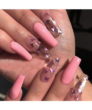 Brishow French nails to stick on pink artificial nails long press on nails with butterfly ballerina acrylic fingernail 24 pieces for women and girls