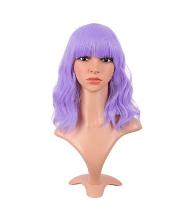 MapofBeauty 14 inch/35 cm Short Wavy Curly Women Fresh Bright Synthetic Ordinary Flat Bangs Bob Wig (Light Purple)