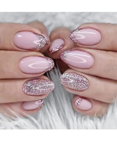 Justotry 24 pieces pink glitter almond nails to stick on short pink French press on nails pretty oval artificial nail fake nails medium fingernails artificial nails for women rose & glitter1 - Buy Online on GoSupps.com