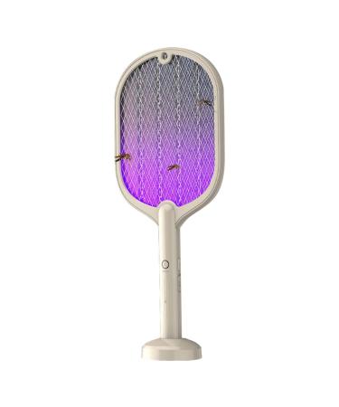 Fly Racket - 3000V Powerful Swatter Racket 2 in 1 Fly Swatter with USB Rechargeable Base 3-Layer Safety Mesh Inhaled Photocatalyst Fly Trap Light Dirfuny (Beige)