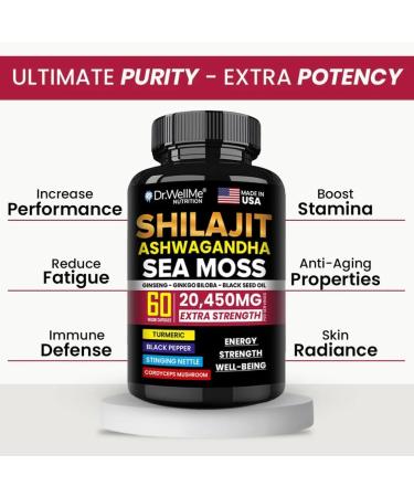 Dr.WellMe Shilajit Ashwagandha Sea Moss with Ginseng Ginkgo Biloba & Black Seed Oil - 60 Veggie Capsules Extra Strength 20 450mg - Anti-Aging Stamina Skin Radiance & Performance - Made in USA - Buy Online on GoSupps.com