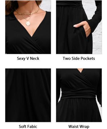 OUGES Women's Spring Casual Midi Dress with Long Sleeve V-Neck | Floral Wrap Dress with Pockets - XXL Black - Buy Online on GoSupps.com