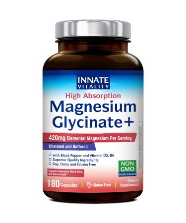 Innate Vitality Magnesium Glycinate Complex 420mg Elemental Magnesium Per Serving Enhanced Absorption Black Pepper Vitamin D3 & B6 Sleep Mood Bone Nerve Support 180 Caps
