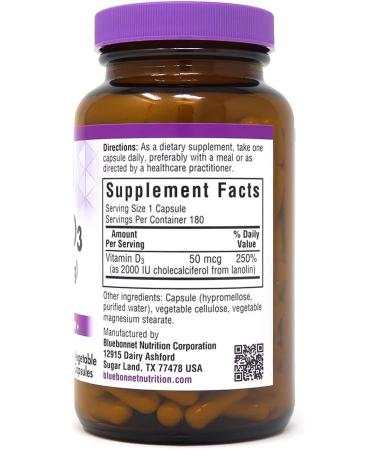 Bluebonnet Nutrition Vitamin D3 2000 IU â€“ 180 Vegetarian Capsules | Boost Immune Health - Buy Online on GoSupps.com