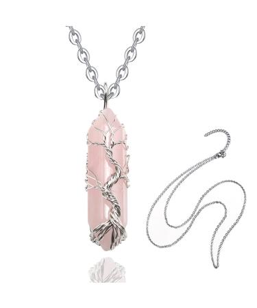 Runmeihe Rose Quartz Healing Crystal Stone Necklace Tree of Life Silver Wrapped Natural Quartz Gemstone Pendant Necklaces Jewelry Good Luck Crystal Necklace for women