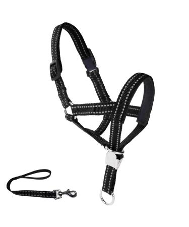 OHVEECA Dog Head Collar with Reflective Strap Prevent Pulling Adjustable Soft Fabric Padded Dog Head Harness Dog Head Halter with Safety Clip for Training Guide(L Black)