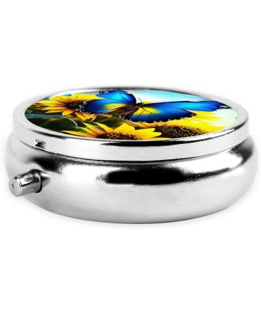 Sunflower Blue Butterfly Portable Metal Pill Box | Round Mini 3-Compartment | Ideal for Small Pills | Travel Essential - Buy Online on GoSupps.com
