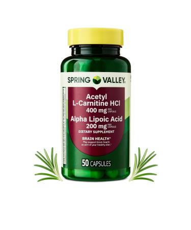 Acetyl L-Carnitine HCl 400 mg & Alpha Lipoic Acid 200 mg Brain Health Support Gluten Free 50 Capsules by Spring Valley