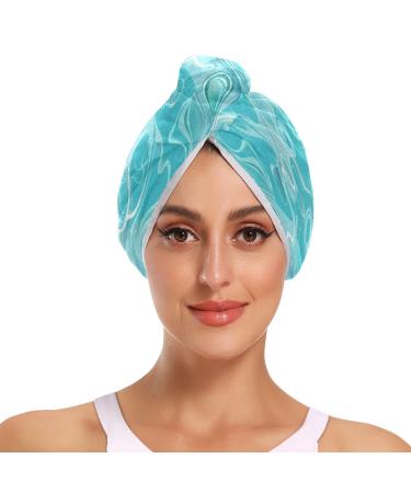 Teal Waves Hair Towel 2 Pack Super Absorbent Hair Drying Towel Quick Dry Hair Turbans Head Towel with Button Twisty Wrap for Women Girls