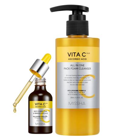 MISSHA VITA C Plus SPOT Correcting & Firming Ampoule + Vita C All-In-One Bubble Foam Facial Cleanser Korean Skincare Duo with 99% Pure Vitamin C for Deep Pore Detox Spot Correction and Firming