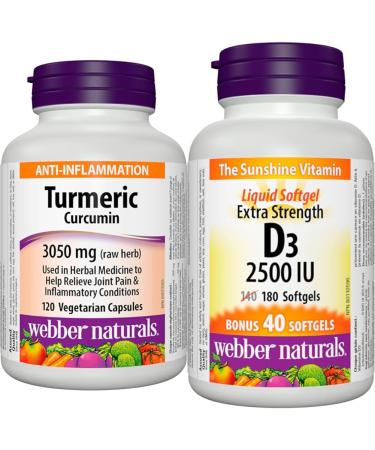 Webber Naturals Turmeric Curcumin 3 050 mg of Raw Herb 120 Capsules Antioxidant Support & Vitamin D3 2500 IU Extra Strength 180 Softgels For Healthy Bones Teeth