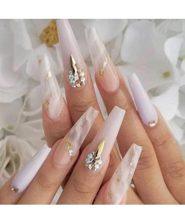 Kamize Rhinestones Fake Nails Coffin Press on Nails Long Full Cover Acrylic Bling False Nails for Women and Girls White Marble