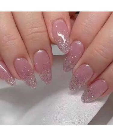 24pcs Short Almond False Nails Pink Glitter Stick on Nails Press on Nails Removable Glue-on Nails Full Cover Acrylic Fake Nails Women Girls Nail Art Accessories 0223Y27