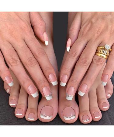 Press on Nails Medium Length Fake Toenails French Tips Nails Full Cover False Nails with White Rhinestones Exquisite Design Summer Beach Daily Wear Stick on Nails Toenails for Women 48Pcs French White