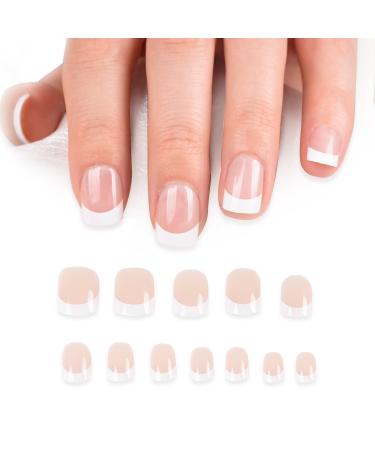 24 pcs Short French False Nails White French Press on Nails Fake Nails with Double-Side Nail Sticker Adhesive Full Cover Stick on Nails for Women and Girls Nail Art
