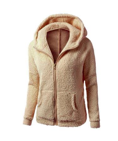 Bigfanshu Womens Fleece Teddy Hoodies Zipper Solid Pocket Hooded Coat Winter Warm Cotton Outwear Casual Sweatshirt Beige