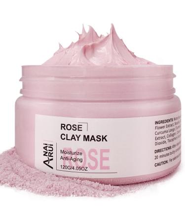 Rose Clay Facial Mask, with Kaolin Pink Clay, Niacinamide, Collagen, Hyaluronic Acid Moisturizing. Pores Minimizers, Blackhead Remover, 4.23 Oz
