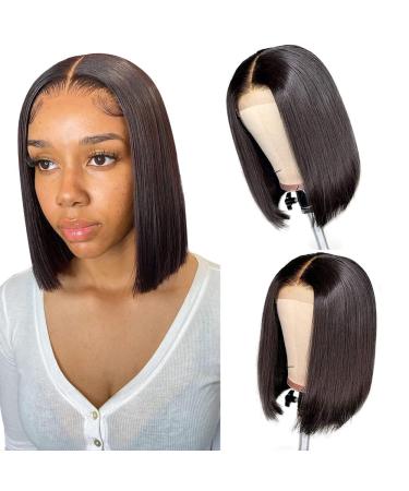 14Inch 4x4 Short Bob Wigs Human Hair Lace Closure Wigs Brazilian Virgin Hair Straight Bob Wigs For Black Women 150% Density Natural Color Pre Plucked with Baby Hair 14 Inch Straight Bob Wigs