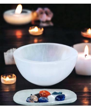4All Selenite Crystals Round Cleansing Bowl Selenite Stone Super Natural Spirit Healing Plate White Natural Meditation Tool Handmade Tumbles Jewelry Storage for Decoration Gift (14cm)
