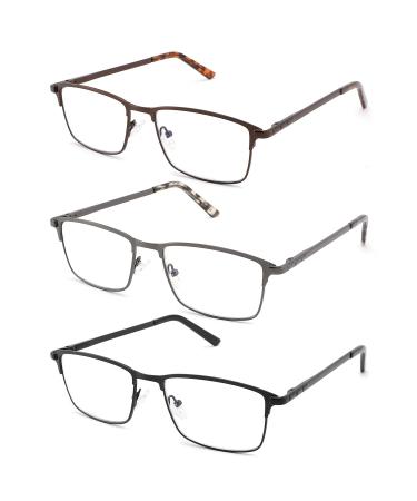 CRGATV 3-Pack Reading Glasses for Men Blue Light Blocking Metal Full Wide Frame Computer Readers Anti UV/Eye Strain/Glare ( +2.0 Magnification Strength ) 3 Pacx Mix Colors (Black Brown Metalgun) 2.0 Magnification